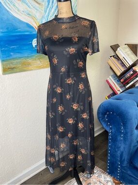 Black Midi Dress with Rose Print and Sheer Yoke